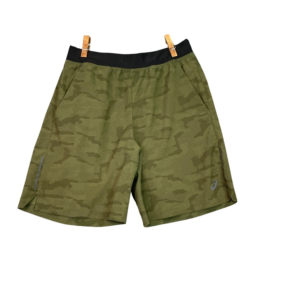 ASICS Running Shorts Mens Large Green Camo Athletic Gym Training 7 Inch Inseam